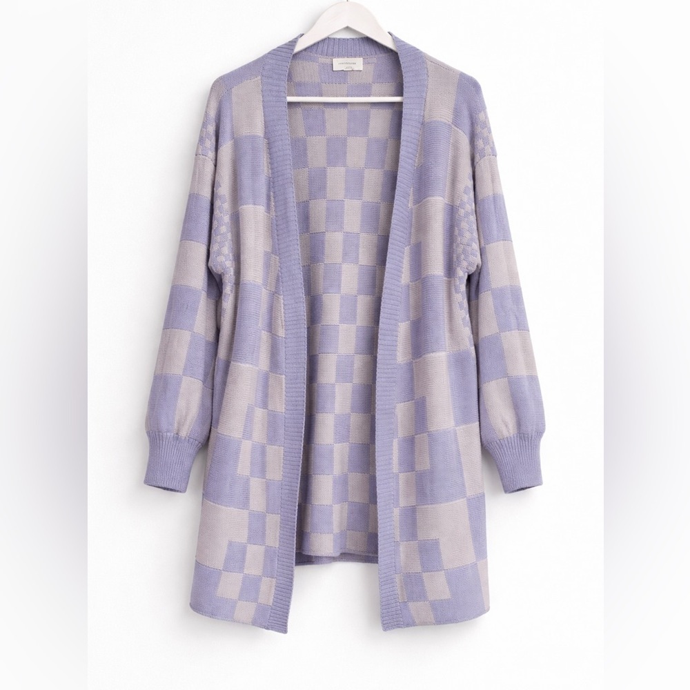 AnnieWear Los Angeles Lavender Checkered Knit Cardigan Size Small - Picture 3 of 8